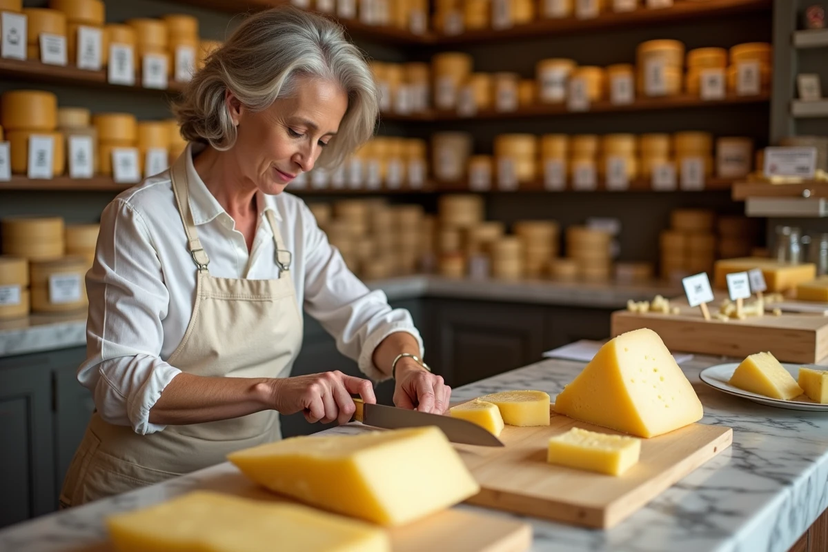 Fromagère découpant une tranche de Beaufort au comptoir d'une épicerie fine avec des étiquettes de prix visibles
