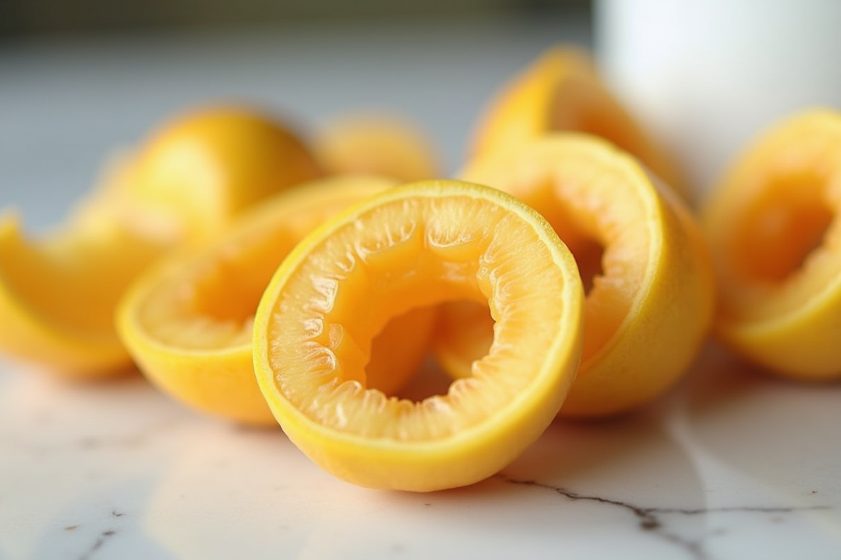 Fruits tranches sur surface en marbre avec textures juteuses