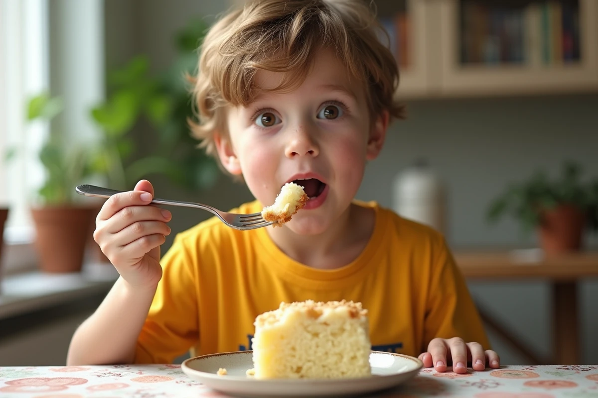 Jeune garçon dégustant un morceau de gâteau poire yogourt avec enthousiasme
