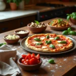 Vue d'ensemble de garnitures de pizza variées disposées autour d'une margherita sur une table en bois rustique