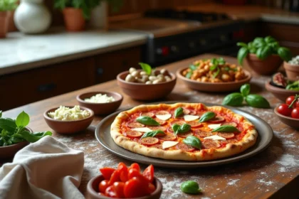 Vue d'ensemble de garnitures de pizza variées disposées autour d'une margherita sur une table en bois rustique