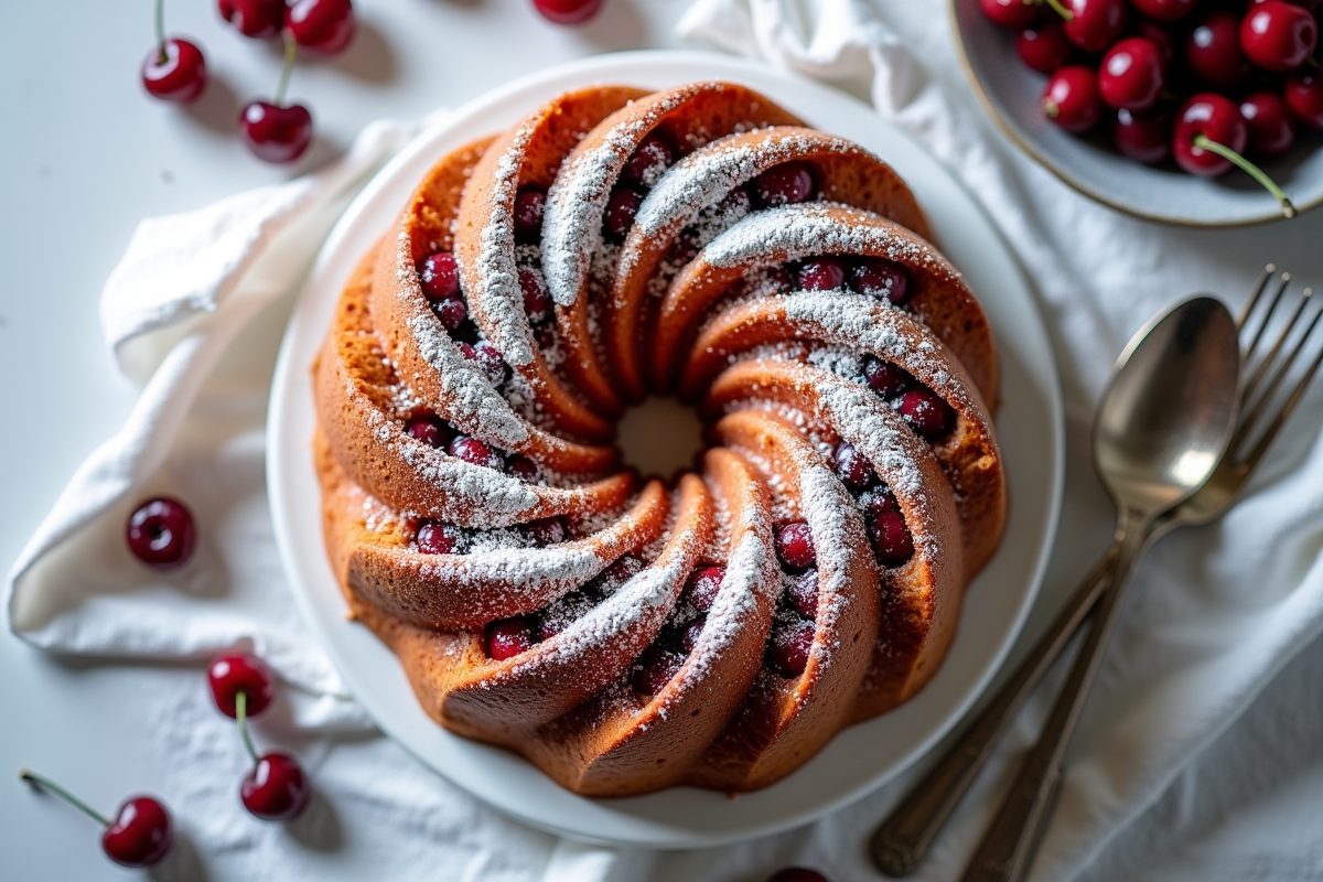 Gâteau basque aux cerises entier avec sucre glace