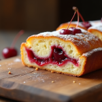 Part de gâteau basque aux cerises sur table rustique