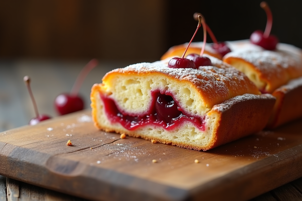 Part de gâteau basque aux cerises sur table rustique