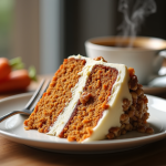Gâteau à la carotte tranché avec glaçage crémeux et noix sur une table en bois