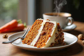 Gâteau à la carotte tranché avec glaçage crémeux et noix sur une table en bois