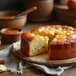 Gâteau moelleux à la compote de pomme sans beurre posé sur une table en bois rustique, tranché pour révéler sa mie dorée et aérée