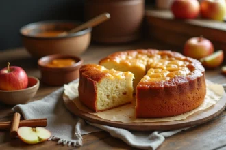 Gâteau moelleux à la compote de pomme sans beurre posé sur une table en bois rustique, tranché pour révéler sa mie dorée et aérée