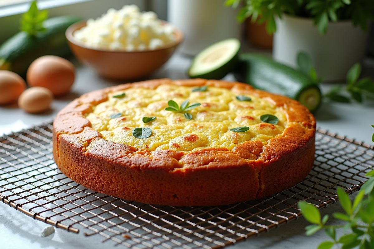Gâteau courgette feta entier refroidissant dans la cuisine