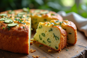 Tranche de gâteau courgette feta sur table rustique
