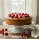Gâteau à la framboise entier sur un présentoir en céramique blanche avec des framboises fraîches posées sur le dessus sans couler