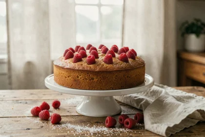 Gâteau à la framboise entier sur un présentoir en céramique blanche avec des framboises fraîches posées sur le dessus sans couler