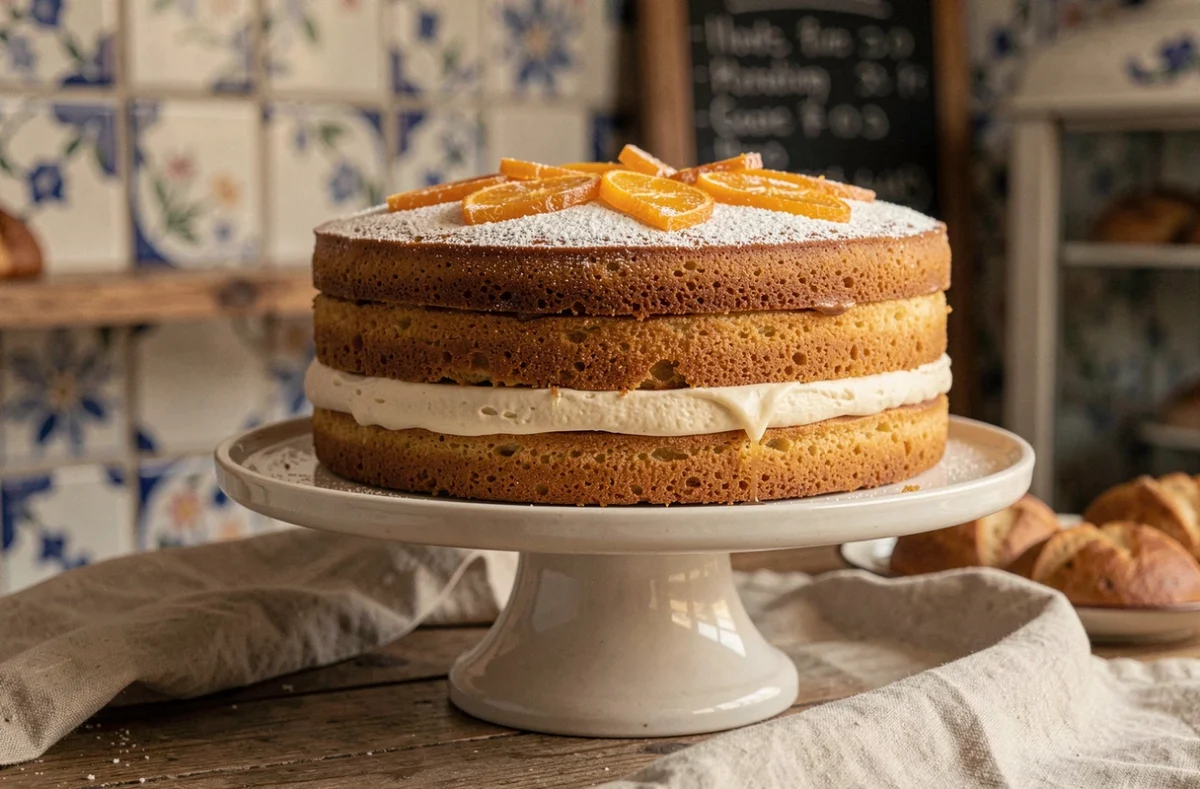 Gâteau fusion franco-espagnol décoré d'une croix de Santiago en sucre glace et de tranches d'orange confites sur un présentoir en céramique dans une boulangerie