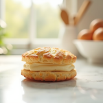 Gâteau joconde doré sur planche en marbre lumineux