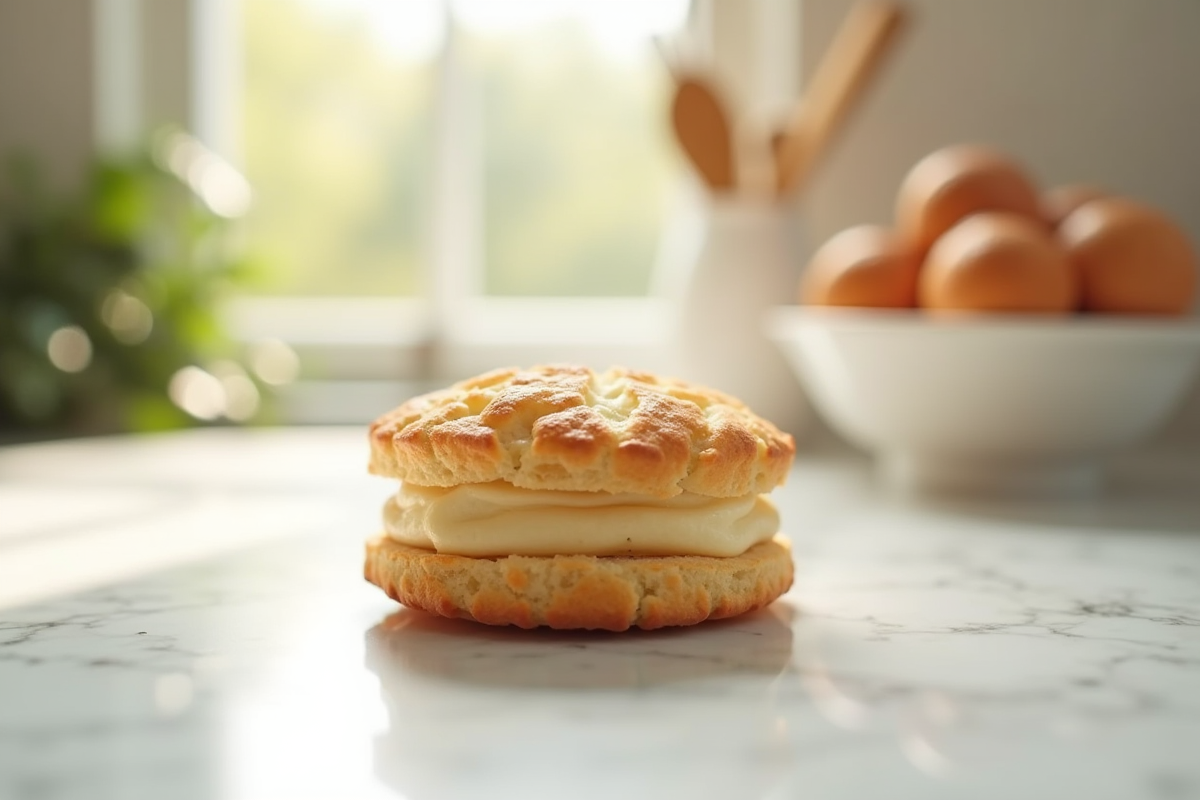 Gâteau joconde doré sur planche en marbre lumineux