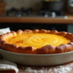 Gâteau aux œufs cuit au four dans un plat en céramique avec une croûte dorée et une tranche retirée sur un plan de travail en bois
