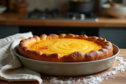 Gâteau aux œufs cuit au four dans un plat en céramique avec une croûte dorée et une tranche retirée sur un plan de travail en bois