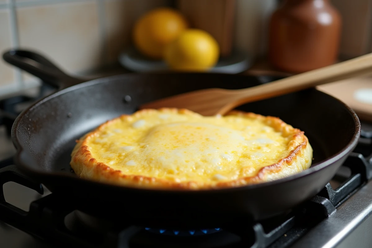 Gâteau aux œufs cuit à la poêle en fonte sur une cuisinière à gaz avec des bords croustillants et une spatule en bois