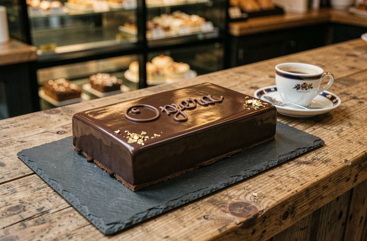 Gâteau opéra entier sur ardoise avec glaçage chocolat brillant et inscription cursive dorée dans une pâtisserie française