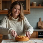 Femme souriante coupant un gâteau poire yogourt maison dans la cuisine chaleureuse