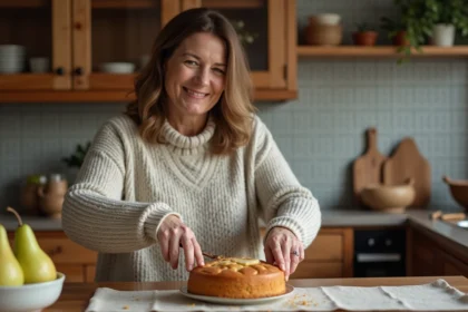 Femme souriante coupant un gâteau poire yogourt maison dans la cuisine chaleureuse