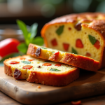 Gâteau salé aux chorizo tranché sur planche en bois