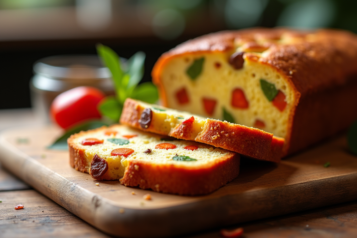 Gâteau salé aux chorizo tranché sur planche en bois
