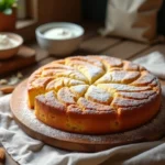 Gâteau au yaourt sans gluten moelleux posé sur une table en bois rustique, saupoudré de sucre glace avec une tranche révélant une mie tendre et dorée