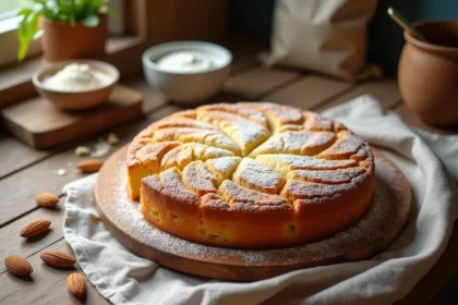 Gâteau au yaourt sans gluten moelleux posé sur une table en bois rustique, saupoudré de sucre glace avec une tranche révélant une mie tendre et dorée