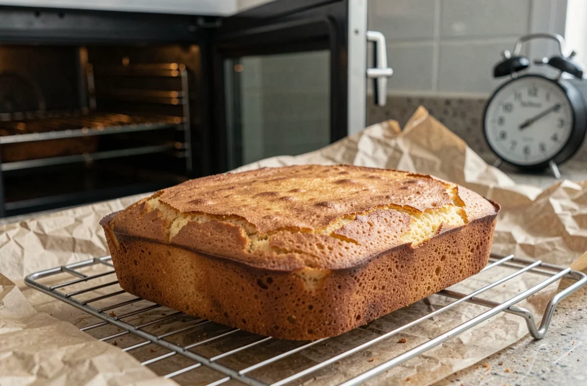 Génoise trop cuite pour bûche de Noël posée sur une grille avec des bords craquelés et secs, erreur de cuisson à éviter