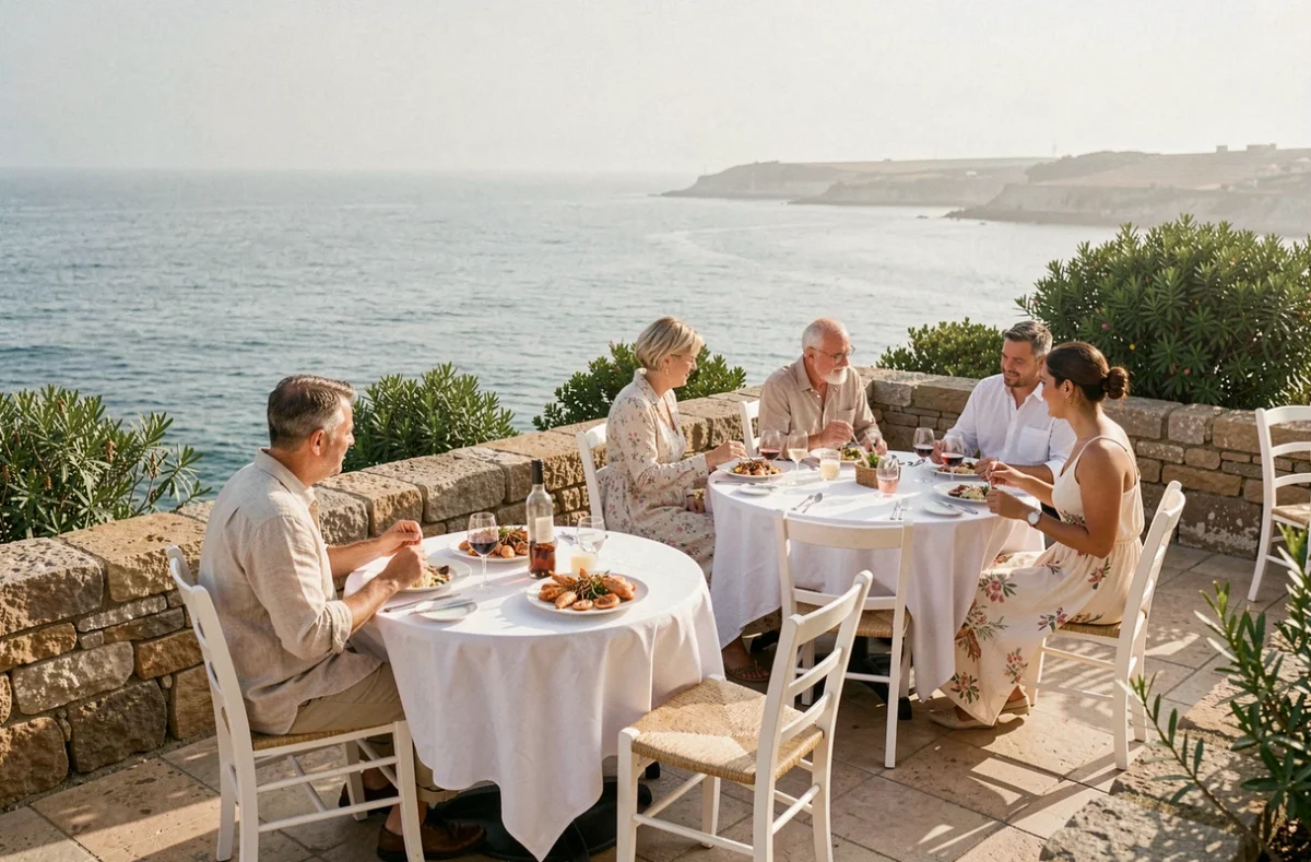 Terrasse du restaurant George's sur l'île de Ré avec vue sur la baie atlantique et tables dressées face à la mer