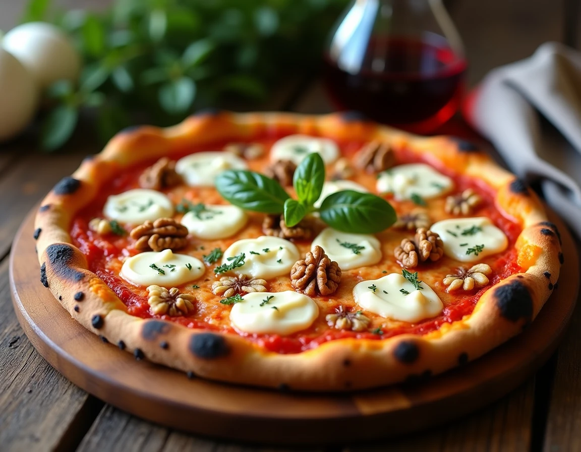 Pizza margherita garnie de gorgonzola crémeux fondu et de cerneaux de noix dorés