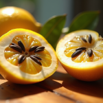 Gros plan d'une granadilla fraîche coupée sur une table en bois