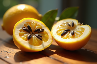 Gros plan d'une granadilla fraîche coupée sur une table en bois