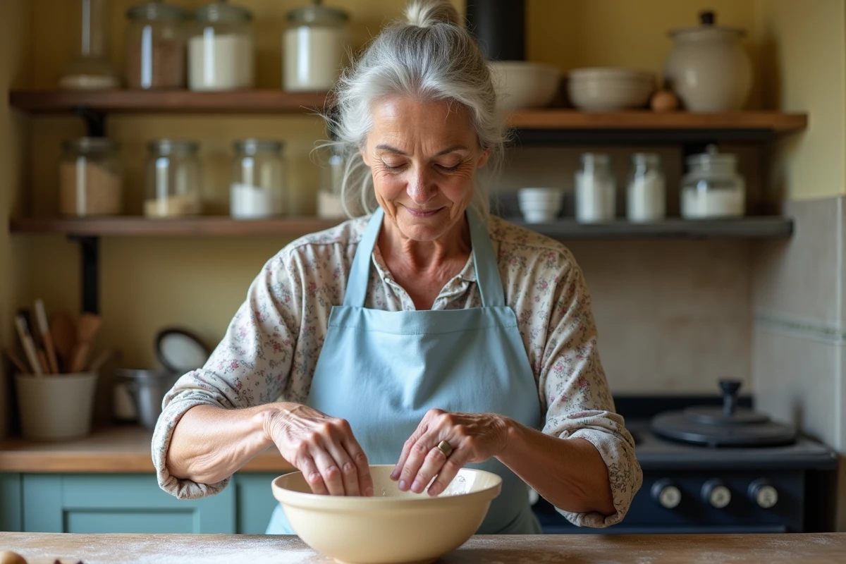 Grand-mère préparant une pâte à gâteau au yaourt sans gluten dans un bol en céramique vintage, les mains farinées dans une cuisine campagnarde chaleureuse