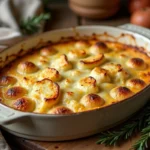 Gratin chou-fleur et pomme de terre doré et fondant dans un plat en céramique rustique posé sur une table en bois, ambiance cuisine campagnarde française