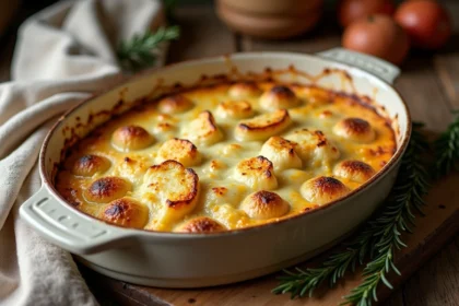 Gratin chou-fleur et pomme de terre doré et fondant dans un plat en céramique rustique posé sur une table en bois, ambiance cuisine campagnarde française
