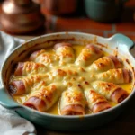 Gratin d'endives au jambon et béchamel recouvert de fromage râpé doré et fondant dans un plat familial