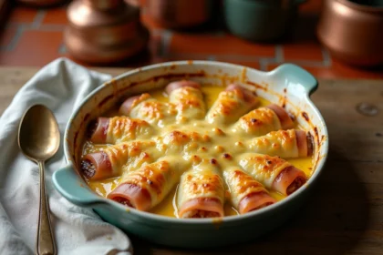 Gratin d'endives au jambon et béchamel recouvert de fromage râpé doré et fondant dans un plat familial
