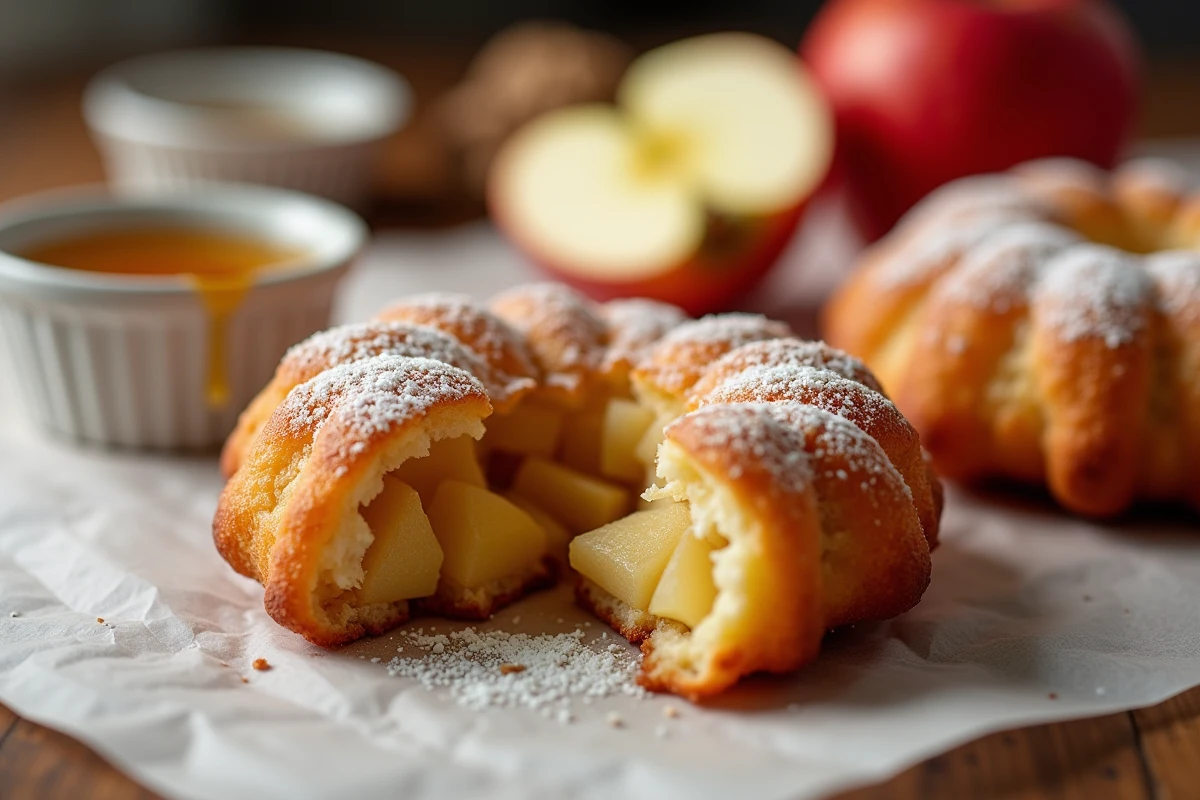 Gros plan d'un beignet aux pommes coupé en deux révélant une texture moelleuse et des morceaux de pomme fondants