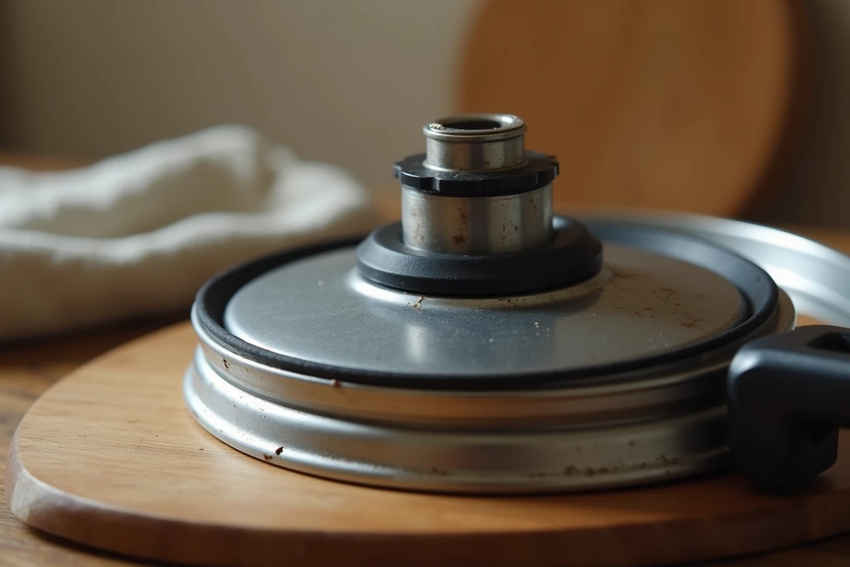Gros plan sur le joint et la soupape d'un Cookeo, détail mécanique lié à une erreur de sécurité