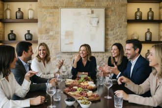 Groupe d'adultes souriants autour d'une table élégante