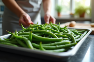 Haricots verts blanchis prêts à être congelés dans une cuisine moderne