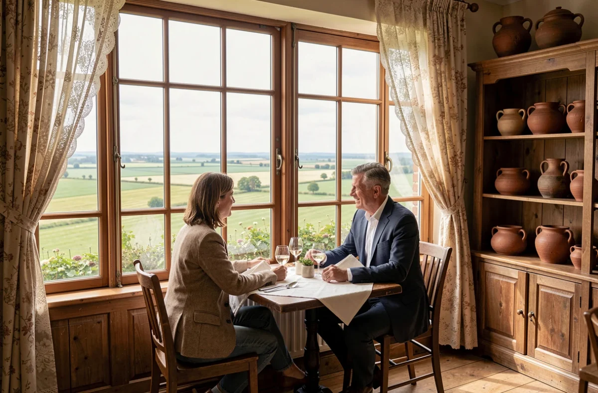 Couple attablé au Haut Bonheur de la Table à Cassel avec vue panoramique sur la plaine flamande depuis la salle gastronomique