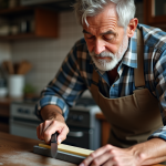 Homme d'âge moyen affûtant un couteau de chef dans une cuisine chaleureuse