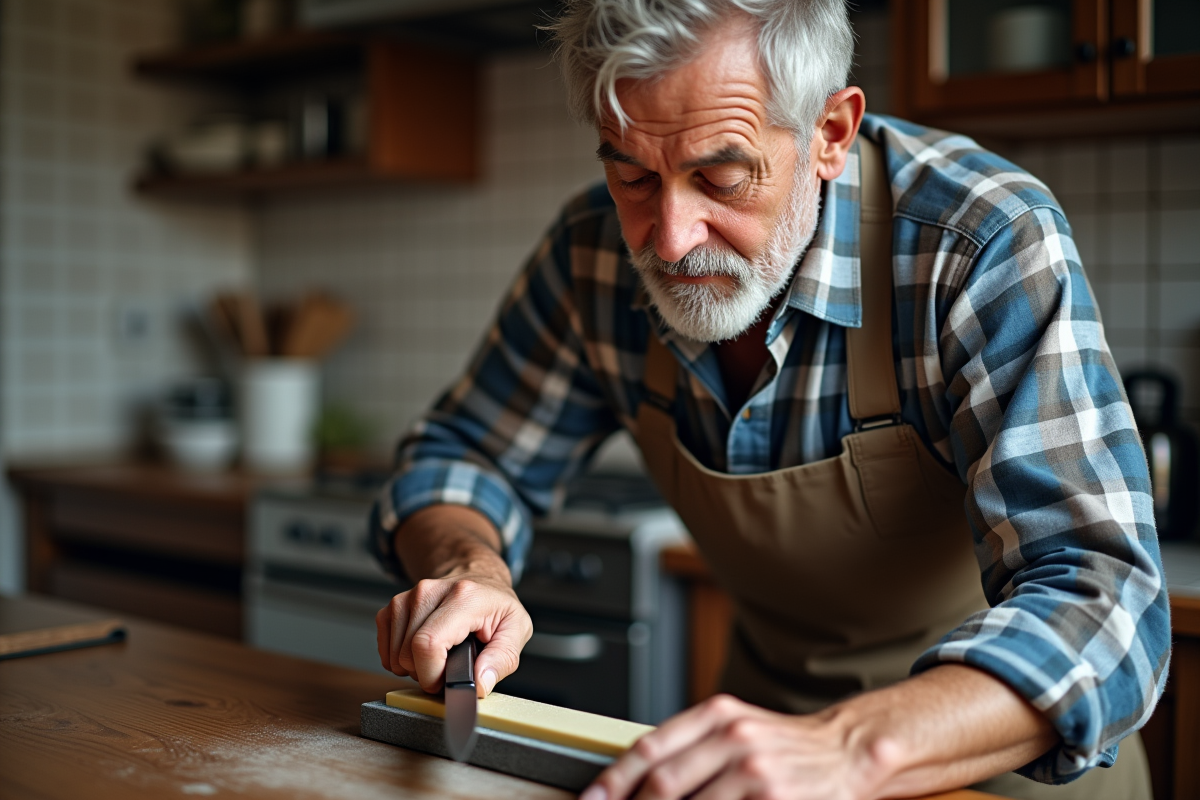 Homme d'âge moyen affûtant un couteau de chef dans une cuisine chaleureuse