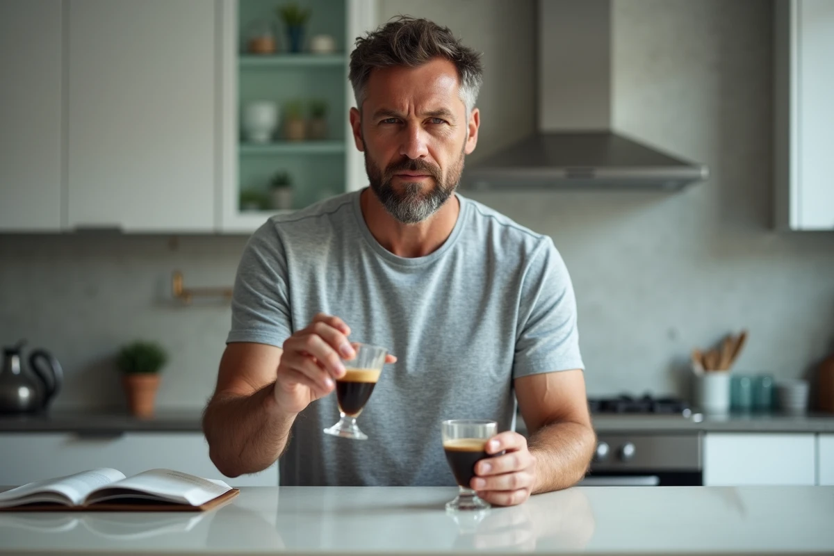 Homme comparant un outil de mesure de 10 ml et un verre dans une cuisine moderne ouverte avec livre de recettes ouvert