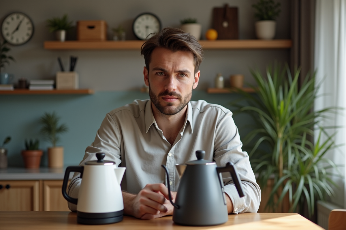 Jeune homme comparant deux kettles sur une table en bois