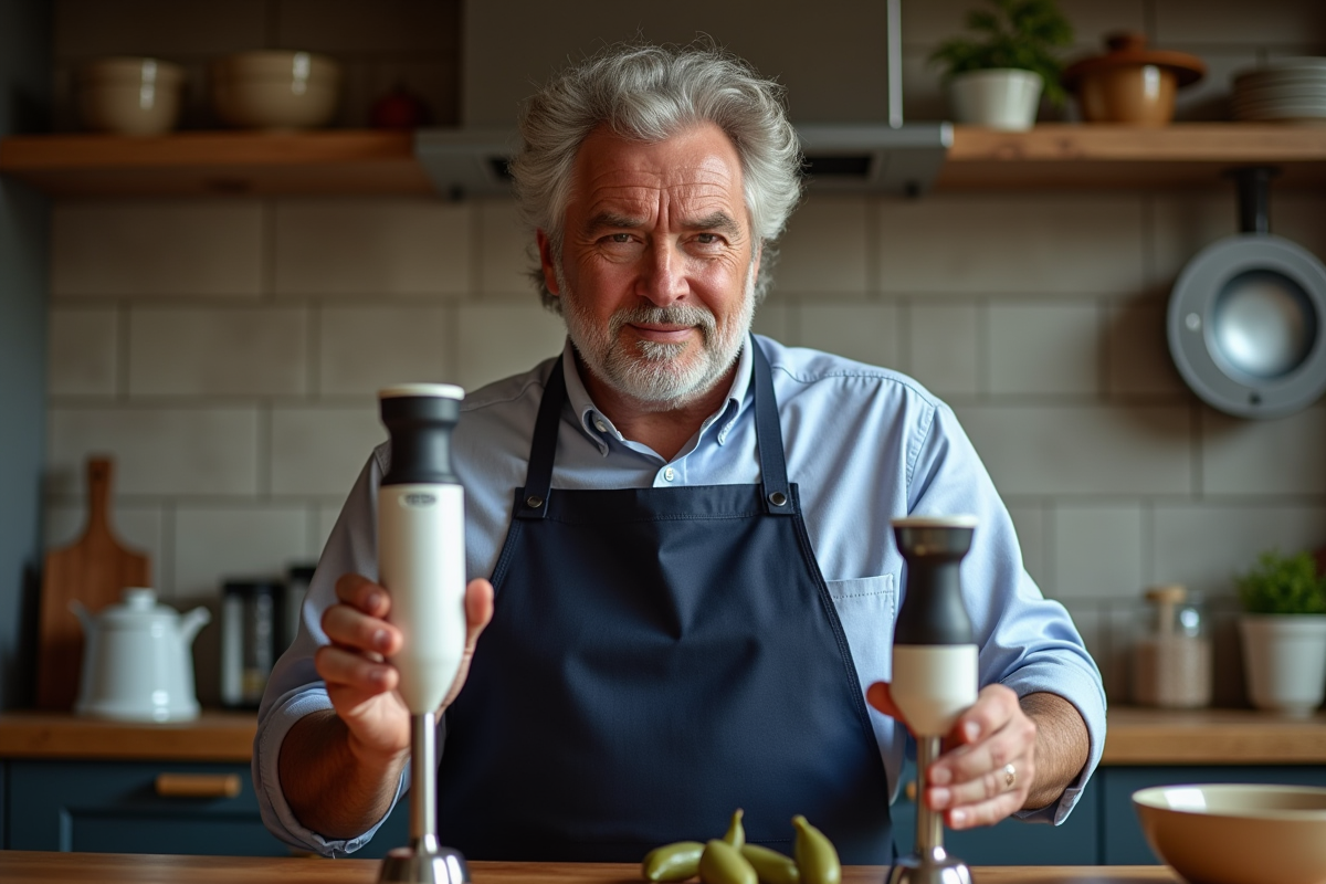 Homme en tablier comparant deux modèles de mixeurs plongeants