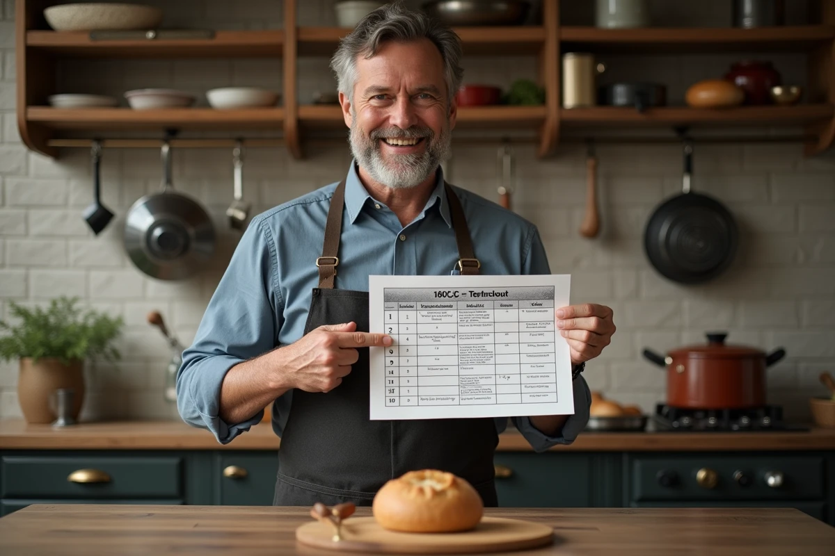 Homme avec tableau de conversion de température dans une cuisine chaleureuse